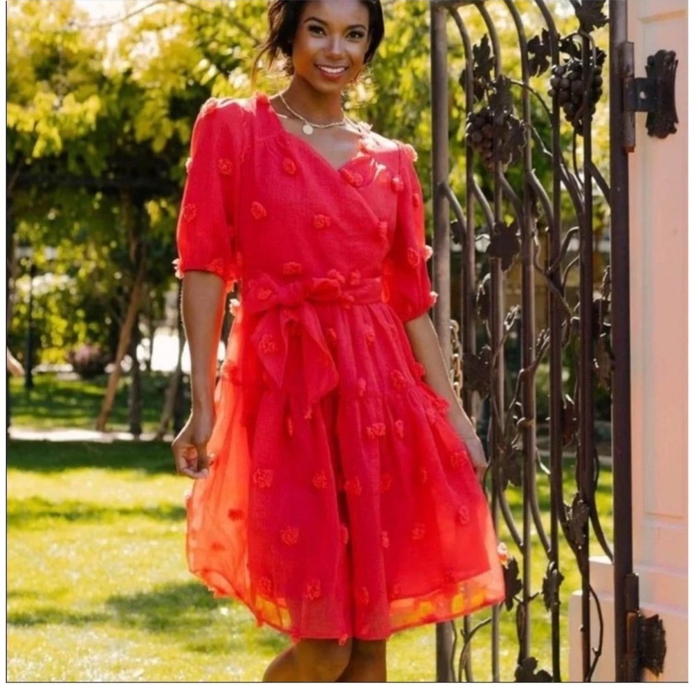 Ivy City Co Red Pom Pom Tulle Puff Sleeve Midi Dress Womens XS Valentine Holiday